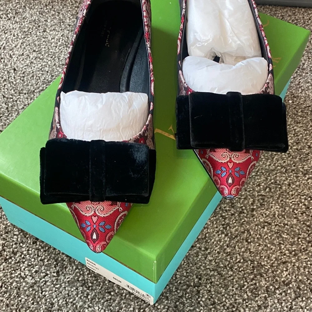 Kate Spade Red Paisley Flats with Black Velvet Bow